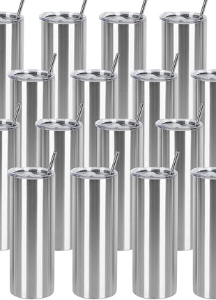 16 Pack 20 Oz Straight Skinny Tumblers,Individually Gift Boxed Stainless Steel Slim Skinny Tumbler Set Bulk, 20 Oz Insulated Slim Thin Travel Tumbler Cup for Diy, Silver