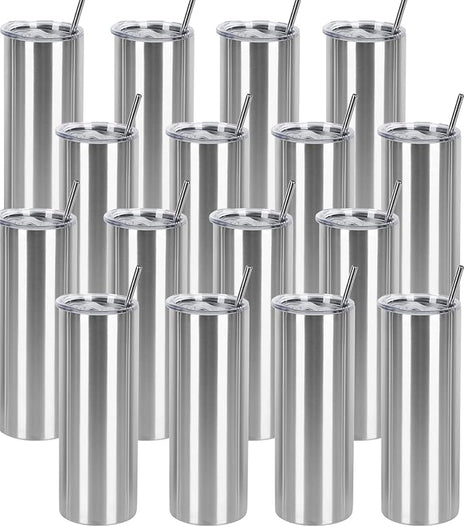 16 Pack 20 Oz Straight Skinny Tumblers,Individually Gift Boxed Stainless Steel Slim Skinny Tumbler Set Bulk, 20 Oz Insulated Slim Thin Travel Tumbler Cup for Diy, Silver