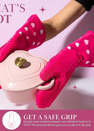Paris Hilton Oven Mitt Set with Heart Design, Heat Resistant Pot Holders Featuring Non-Slip Textured Silicone Grips, 2-Piece Set, Pink