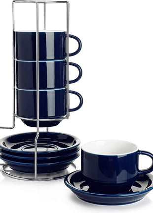 Sweese 8 Ounce Porcelain Stackable Cappuccino Cups with Saucers and Metal Stand - for Specialty Coffee Drinks, Cappuccino, Latte, Americano and Tea - Set of 4, Navy