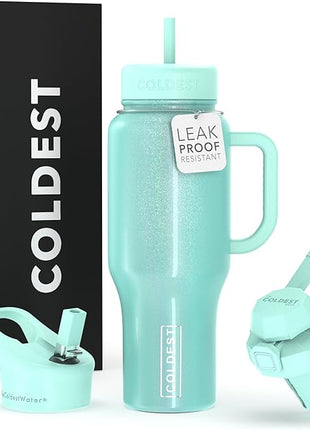 Coldest Tumbler with Handle and Straw, 100% Spill Proof Tumbler with Straw (3 Lids), Stainless Steel Insulated Leakproof Tumblers for Women & Men, 36 oz (Astronaut Green Glitter)