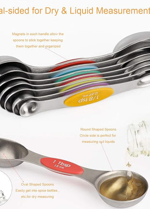 Magnetic Measuring Spoons Set of 8 Stainless Steel Dual Sided Stackable Measuring Spoons Nesting Teaspoons Tablespoons for Measuring Dry and Liquid Ingredients
