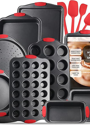 Baking Pan Set, 15 Piece Premium Nonstick Bakeware Sets BPA Free, Cookie Sheets Nonstick Steel Baking Sheets for Oven with Muffin Pan, Cake Pan & Kitchen Utensils - Black