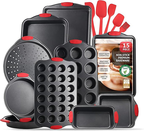 Baking Pan Set, 15 Piece Premium Nonstick Bakeware Sets BPA Free, Cookie Sheets Nonstick Steel Baking Sheets for Oven with Muffin Pan, Cake Pan & Kitchen Utensils - Black