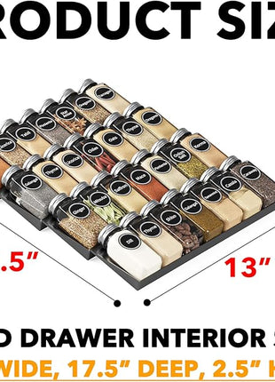 SpaceAid Spice Drawer Organizer with 28 Spice Jars, 386 Spice Labels, 4 Tier Seasoning Rack Tray Insert for Kitchen Drawers, 13" Wide x 17.5" Deep