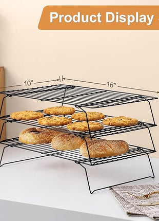 Cooling Rack for Baking 3 Tiers, 16" x 10" Cookie Cooling Wire Rack Stackable Collapsible Nonstick, Stainless Steel Baking Cooking Cooling Racks with Optimum Air Flow, Black