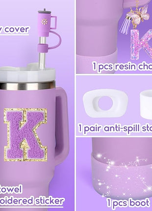 Mity rain 6PCS Cup Accessories Set for Stanley Cup 30oz 40oz tumbler with handle, Including Silicone Straw Topper Cover Cap and Boot, Spill Proof Stopper, Handle Charm, Initials Sticker (Letter K)