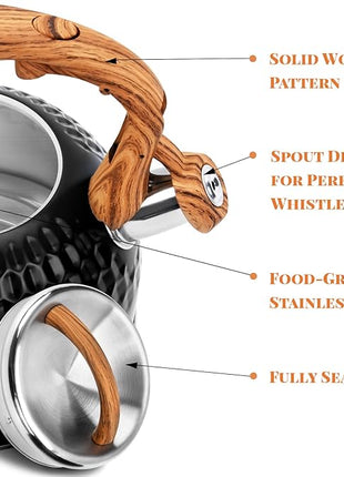 Whistling Teapot, 2.6 Qt 304 Food Grade Stainless Steel Tea Kettle with Heat-resistant Handle, Durable, not Rust，One-button Switch(BLack）