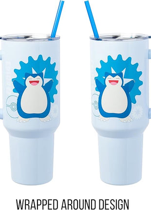 Silver Buffalo Pokémon Stainless Steel Tumbler with Handle Featuring Snorlax, Fits in Standard Cup Holder, 40 Ounces