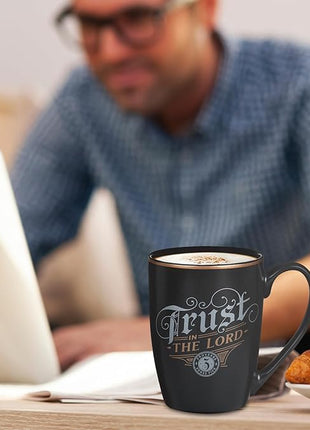 Christian Art Gifts Inspirational Ceramic Coffee & Tea Mug for Men & Women: Trust in the Lord Encouraging Bible Verse Proverb, Sturdy Lead & Cadmium-free Non-toxic Drinkware, Matte Black & Gold, 12 oz