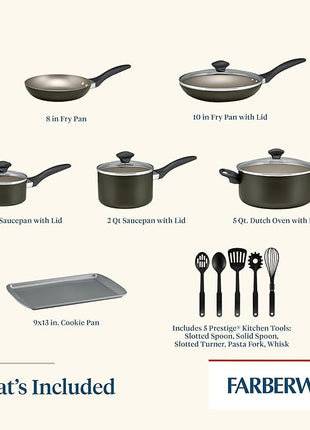 Farberware Dishwasher Safe Nonstick Cookware Pots and Pans Set, 15 Piece, Pewter