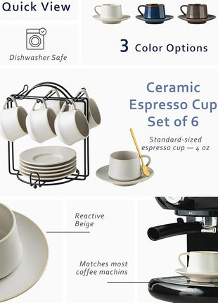 YHOSSEUN Espresso Cups with Saucers and Metal Stand, 4 Oz Ceramic Expresso Shots Cup Espresso Small Coffee Cups Set of 6, Beige