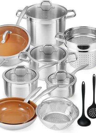 Duxtop 17PC Professional Stainless Steel Induction Cookware Set, Stainless Steel Ceramic Nonstick Pan Set, Impact-bonded Technology, FUSION Titanium Reinforced Ceramic Coating, Copper