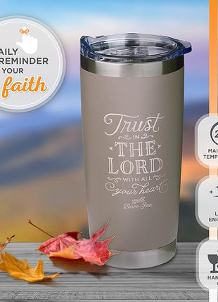Christian Art Gifts Stainless Steel Double-Wall Vacuum Insulated Travel Mug 18 oz Gray Tumbler with Retractable Lid for Women and Men Bible Verse - Trust in the Lord - Proverbs 3:5