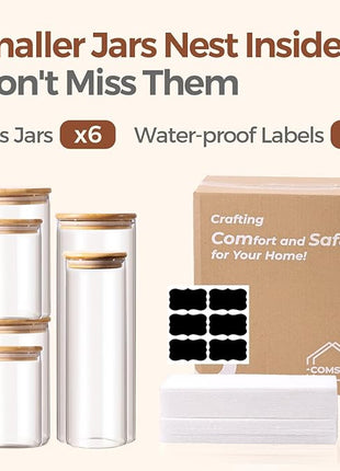 ComSaf Glass Food Storage Jars Set of 6, Clear Glass Storage Containers with Lids, Canisters Sets for the kitchen, Spaghetti, Pasta, Flour, Nuts, Oat, Coffee and Sugar Container, Pantry Organization