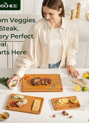 Bamboo Cutting Board, Durable Wood Cutting Boards for Kitchen with Deep Juice Grooves & Built-in Handles, Ideal Charcuterie & Chopping for Meat, Vegetables and Fruits Ideal Kitchen Gifts