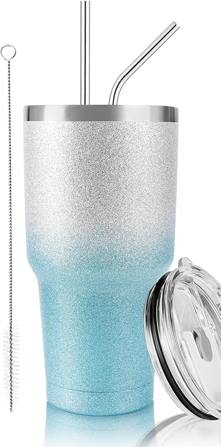D·S 30 oz Tumbler Blue Glitter Gradient Cup Stainless Steel Double Wall Vacuum Insulated Mug with Straw and Lid, Cleaning Brush for Cold and Hot Beverages