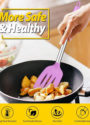 Pack of 2 Silicone Solid Turner, Non Stick Slotted Kitchen Spatulas, High Heat Resistant BPA Free Cooking Utensils, Ideal Cookware for Fish, Eggs, Pancakes(Purple)