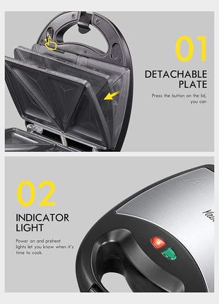Yabano Sandwich Maker, 3 in 1 Waffle Maker, Toaster and Electric Panini Press Grill with Non-stick Coating Plate, Easy to Clean, Heating Up Fast