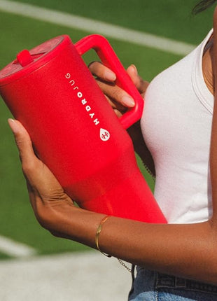 HydroJug Traveler - 40 oz Water Bottle with Handle & Flip Straw - Fits in Cup Holder, Leak Resistant Tumbler-Reusable Insulated Stainless Steel & Rubber Base - Gifts for Women & Men, Alumni Red