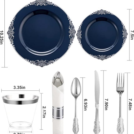 350PCS Navy Blue Plates for 50 Guests, Disposable Dinnerware Sets Include 100 Plastic Plates, 50 Silverwares, 50 Cups, and 50 Pre Rolled Napkins for Party, Wedding and Graduation