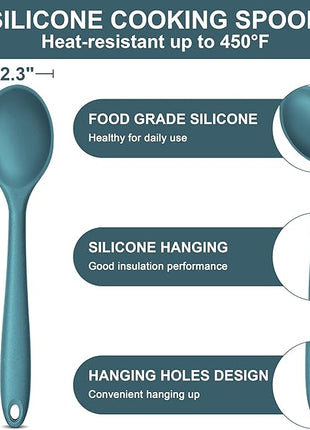 E-far Silicone Cooking Spoon Set of 2, Heat Resistant Kitchen Spoons Utensils Nonstick Mixing Spoon for Baking Stirring Serving, Non-Toxic & Dishwasher Safe (Blue)