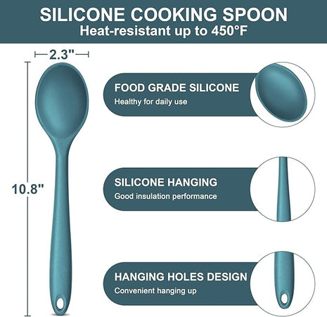 E-far Silicone Cooking Spoon Set of 2, Heat Resistant Kitchen Spoons Utensils Nonstick Mixing Spoon for Baking Stirring Serving, Non-Toxic & Dishwasher Safe (Blue)