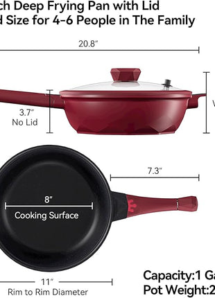TIBORANG 8 in 1 Multipurpose 11 Inch 5 Quart Heat Indicator Nonstick Deep Frying Pan with Glass Lid,Stay-cool Handle,Steamed Grid,PFOA-Free,Dishwasher&Oven Safe,Works with All Stovetops(Ruby Red)
