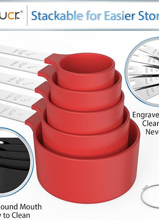 TILUCK Measuring Cups & Spoons Set, Stackable Cups and Spoons, Nesting Measure Cups with Stainless Steel Handle, Kitchen Gadgets for Cooking & Baking (Red)