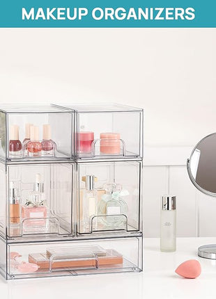 Vtopmart 4 Pack Stackable Storage Drawers, 6.6''Tall Acrylic Bathroom Makeup Organizers,Clear Plastic Drawers For Vanity, Undersink, Kitchen Cabinet,Pantry Organization and Storage