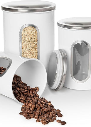 Mixpresso 3-Piece White Canisters Sets For The Kitchen, Airtight Canister Set With See Through Window, Storage Jars for Coffee Container, Tea Organizer & Sugar Canister, White Kitchen Canisters