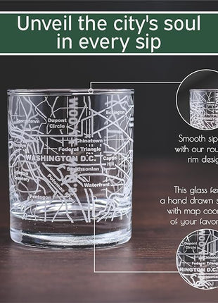 Greenline Goods Whiskey Glasses - 10 Oz Tumbler Gift Set for Washington, DC lovers, Etched with Washington, DC Map | Old Fashioned Rocks Glass - Set of 2