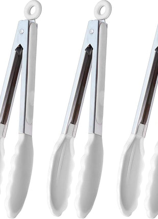 Silicone Kitchen Tongs 9-Inch Stainless Steel Basics Tongs with Non-Stick Silicone Tips, Set of 3 (White)