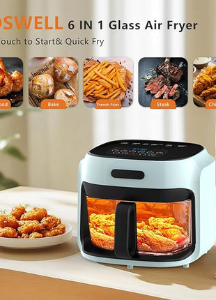 Glass Air Fryer, 7.6QT with Transparent Fry Bowl, Circulating Heating, Temperature Control, Air Fryer Roast, Dishwasher Safe (Green)