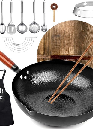 Carbon Steel Wok Pan, 14 Piece Woks & Stir-Fry Pans Set with Wooden Lid Cookwares, No Chemical Coated Flat Bottom Chinese Pan for Induction, Electric, Gas, Halogen All Stoves - 12.6''