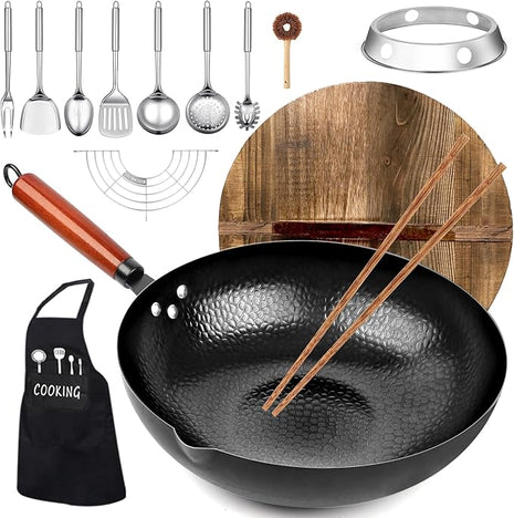Carbon Steel Wok Pan, 14 Piece Woks & Stir-Fry Pans Set with Wooden Lid Cookwares, No Chemical Coated Flat Bottom Chinese Pan for Induction, Electric, Gas, Halogen All Stoves - 12.6''