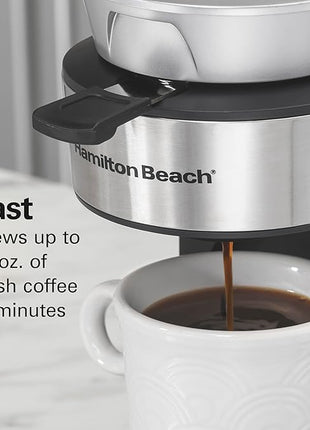 Hamilton Beach The Scoop Single Serve Coffee Maker & Fast Grounds Brewer for 8-14oz. Cups, Brews in Minutes, 40oz. Removable Reservoir, Stainless Steel (49987),Silver