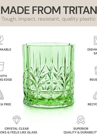 BELLAFORTE Shatterproof Tritan Plastic Short Tumbler, Set of 4, 13oz - Myrtle Beach Unbreakable Crystal Cut Old Fashioned Drinking Glasses for Whiskey - BPA Free - Dishwasher Safe - Green