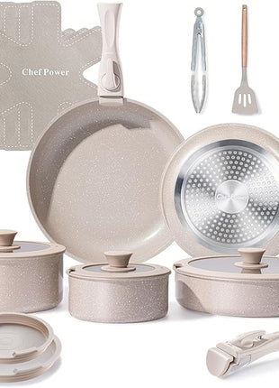 Chef Power Ceramic Nonstick Pots and Pans Set 19 Piece with Detachable Handle, Induction Dishwasher Oven Safe Cookware Set, RV Kitchen Set Removable Handle, Mocca Taupe