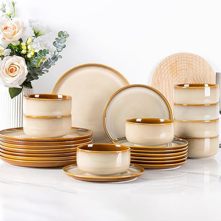 LERATIO Ceramic Dinnerware Sets for 8,Plates and Bowls Sets,Reactive Glaze Dishes Set,Highly Chip and Crack Resistant | Dishwasher & Microwave & Oven Safe Dishes set,Service for 8-Kahki (24pc)