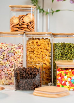 Glass Storage Jars 6 Pack -50oz (10cmx20cm)Clear Glass Food Storage Containers with Airtight Bamboo Lid Stackable Kitchen Canisters for Candy,Cookie,Rice,Sugar,Flour,Pasta,Nuts and Spice Jars(Square)