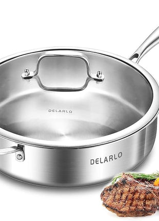 DELARLO Tri-Ply Stainless Steel Frying Pan,12 inch Skillet with Lid,6 Quart Saute Pan,Compatible with All Cooktops,Oven Up to 660℉,Chicken Fryer,Dishwasher-Friendly