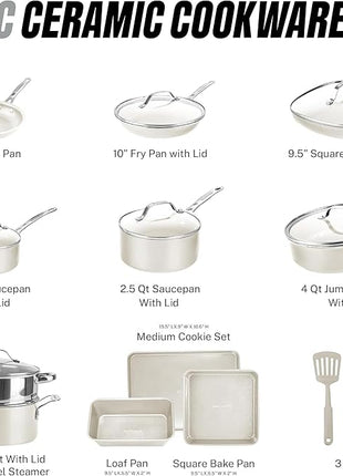 GOTHAM STEEL 20 Pc Ceramic Cookware Set Nonstick, Ceramic Pots and Pans Set Non Stick for Kitchen with Bakeware, Cooking Utensils & Steamer, Non Toxic PFOA PFOS Free, Oven & Dishwasher Safe