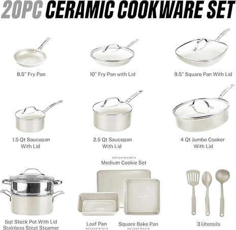 GOTHAM STEEL 20 Pc Ceramic Cookware Set Nonstick, Ceramic Pots and Pans Set Non Stick for Kitchen with Bakeware, Cooking Utensils & Steamer, Non Toxic PFOA PFOS Free, Oven & Dishwasher Safe