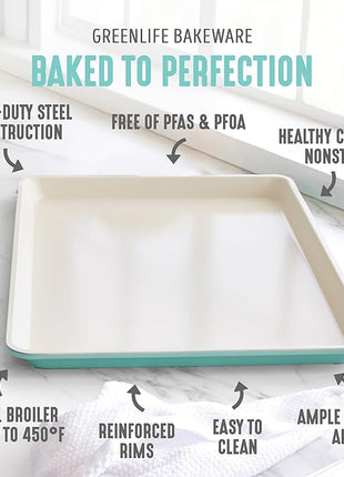 GreenLife 13" x 9" Quarter Sheet Baking Pans, 2 Piece Bakeware Set, PFAS-Free Ceramic Nonstick Rectangular Cookie Trays, Oven Safe to 450°F, Even Heating, Easy Clean Ovenware, Turquoise