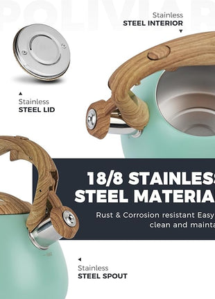 POLIVIAR Tea Kettle, 2.7 Quart Blue Finish with Wood Pattern Handle Loud Whistle Food Grade Stainless Steel Teapot, Anti-Hot Handle and Anti-Rust, Suitable for All Heat Sources JX2025-TB30