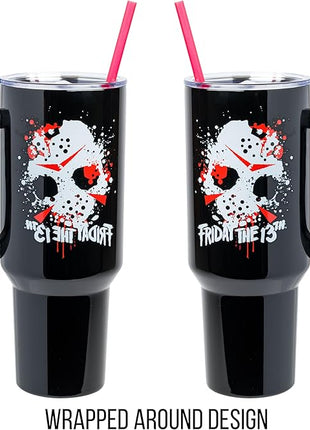Silver Buffalo Friday The 13th Stainless Steel Tumbler with Handle Featuring Jason Voorhees’s Splatter Mask, Fits in Standard Cup Holder, 40 Ounces