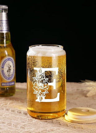 Coolife Initial Glass Cup, Monogrammed Gifts for Women, 16 oz Glass Cups w/Lids Straws, Iced Coffee Smoothie Beer Tumbler w/Straw Lid - Personalized Christmas, Birthday Gifts for Her Mom Friend Woman