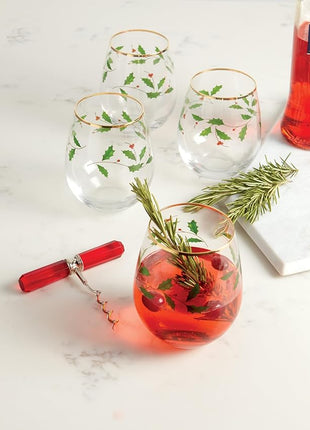 Lenox 888202 Holiday 4-Piece Stemless Wine Glasses, Christmas Drinkware Set, Hosting