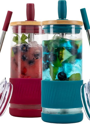 Pandaloo® Glass Cups With Lids and Straws -20 Fl Oz- Perfect Size Iced Coffee Cup - Smoothie Cup With Bamboo Lid and On the go Lid - Glass Tumbler (2 Count (Pack of 1), Boysenberry-Intense Teal)